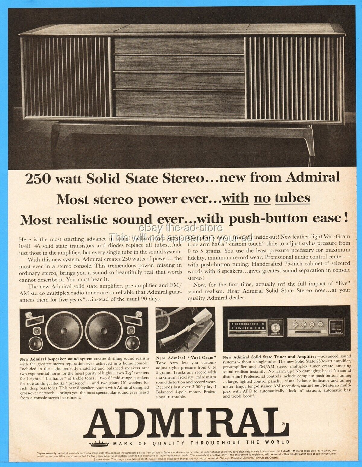 1963 Admiral Solid State Stereo Radio Record Player Vintage Photo Print Ad