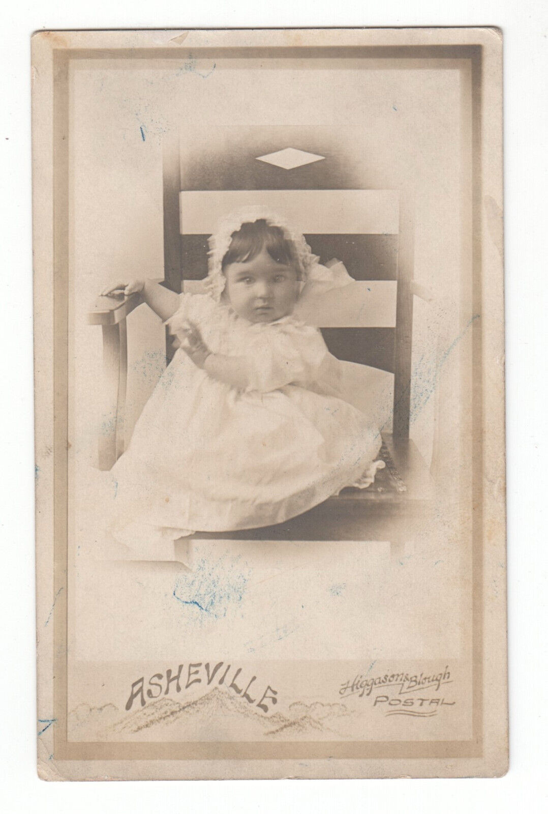 Vintage Photo Postcard Asheville, NC Baby Girl Frilly Dress Bonnet Id\'d RPPC