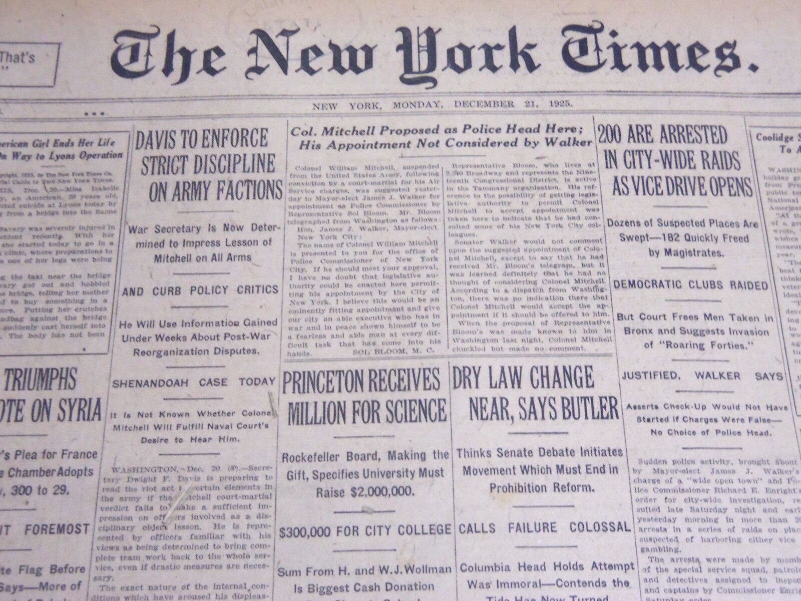 1925 DEC 21 NEW YORK TIMES - COL. MITCHELL PROPOSED AS POLICE HEAD HERE- NT 5402