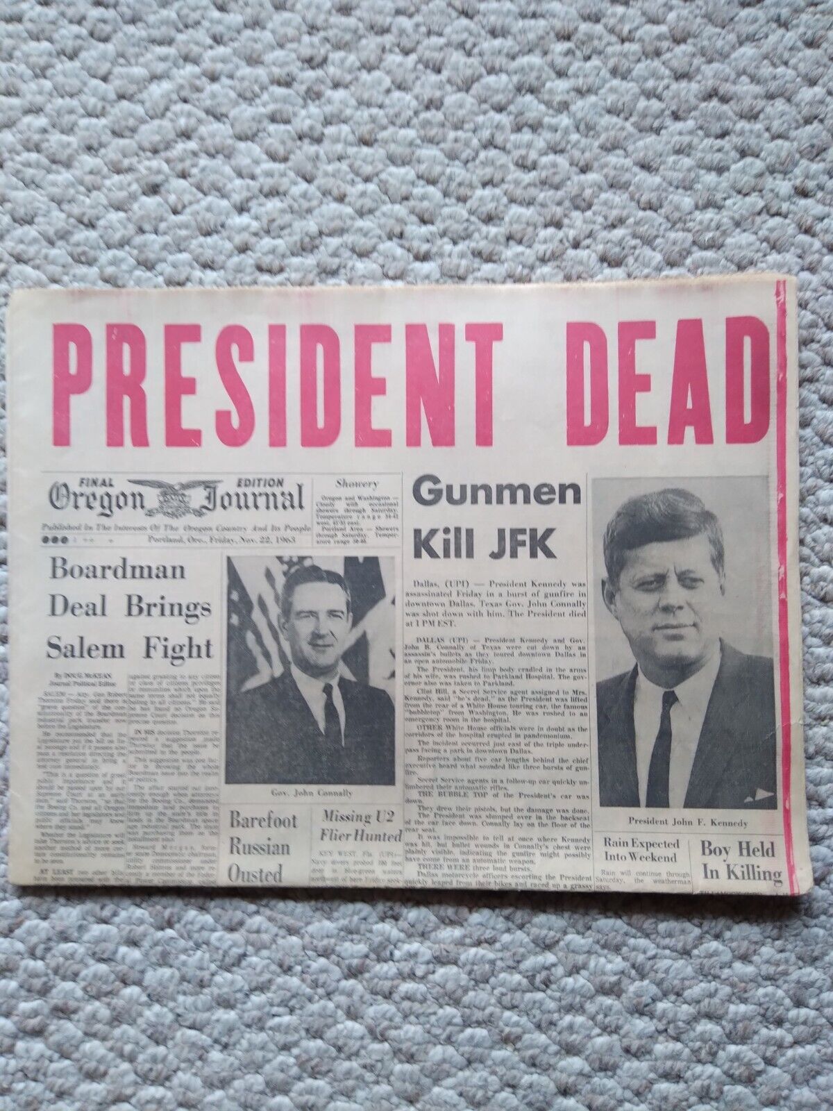 John F Kennedy Assassination Oregon Journal Newspaper Friday November 22 1963