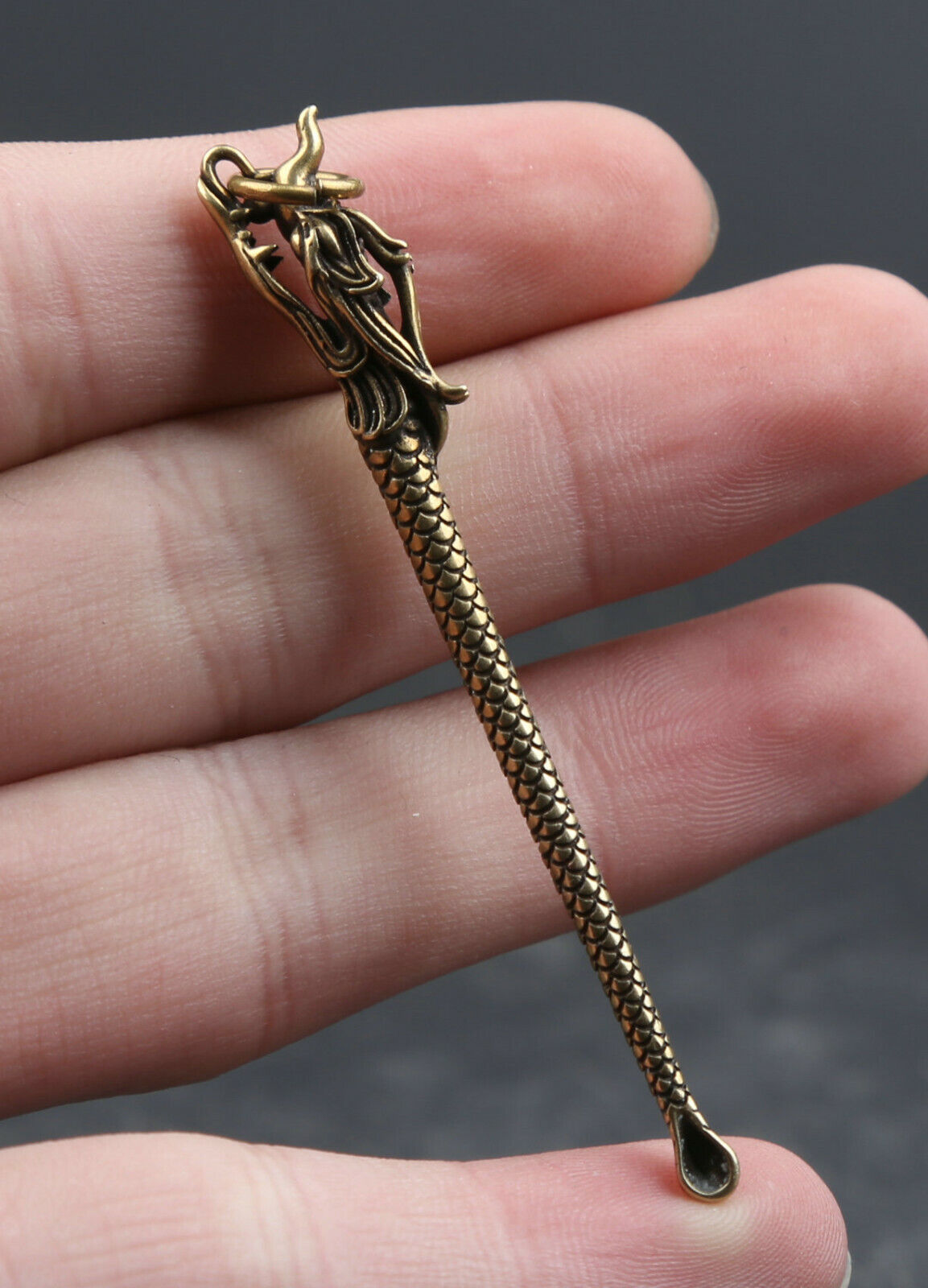 67MM Collection Chinese Bronze Dragon Long Small Earpick Auspicious Pendant 挖耳勺