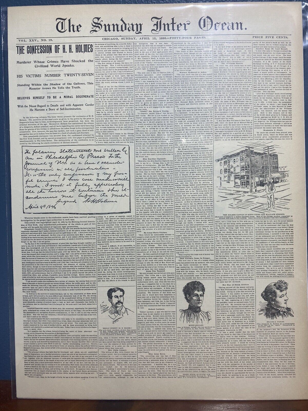 VINTAGE NEWSPAPER HEADLINE~ H.H. HOLMES CONFESSION SERIAL KILLER CHICAGO 1896