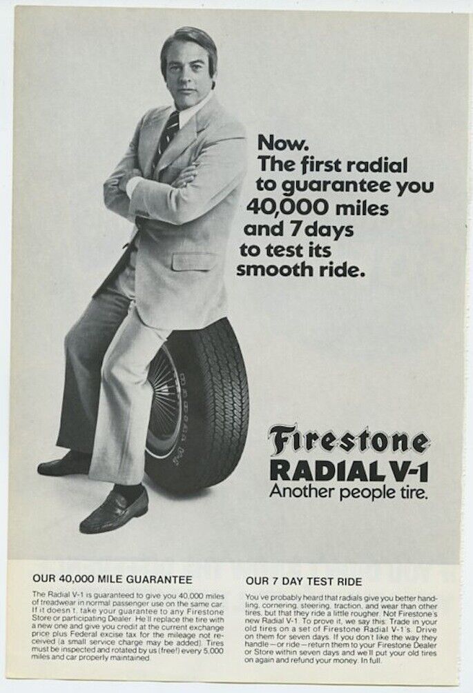 Firestone Radial V-1 Kevin McCarthy Sits on First Radial Smooth 1972 Vintage Ad 
