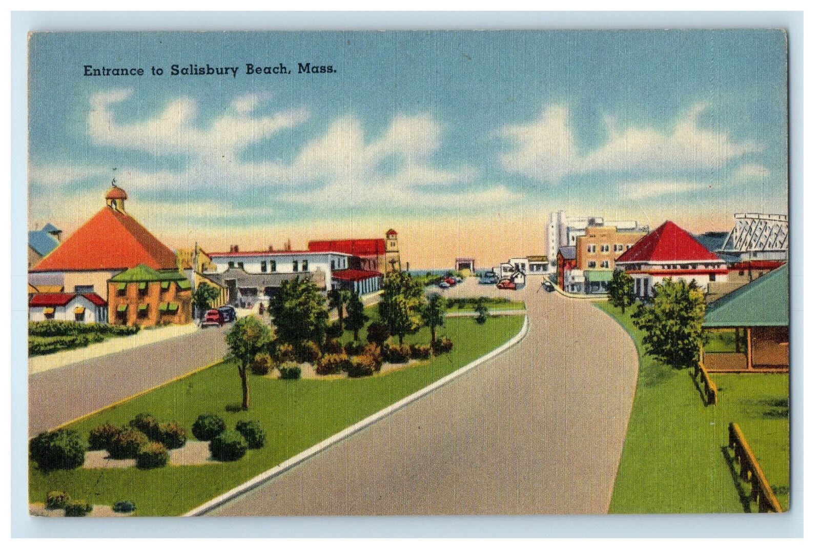 c1940s Road View, Entrance to Salisbury Beach, Massachusetts MA Postcard