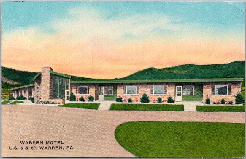 1950s Warren, PA Postcard WARREN MOTEL Highway 6 & 62 Roadside Chrome / Unused