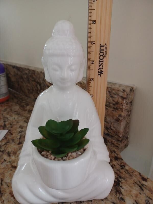 White Ceramic Buddha Statue With Artificial Succulent Arrangement, 8\'\' H