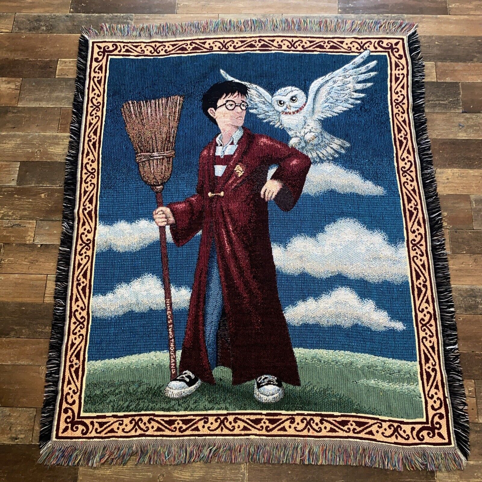 Vtg Harry Potter Hedwig Tapestry Woven Throw Blanket Fringe 55”x45”