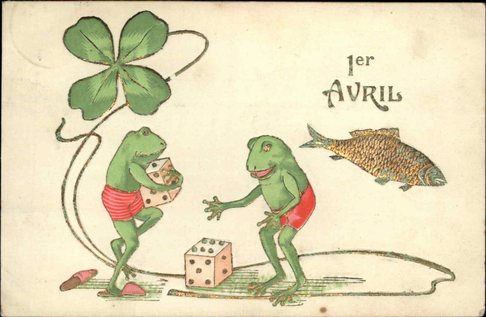Premier Avril April Fool\'s Day Frogs Gambling Dice c1910 Vintage Postcard