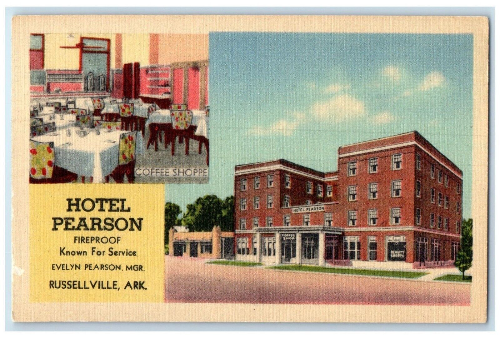 Russellville Arkansas Postcard Hotel Pearson Coffee Shop Exterior Building c1940