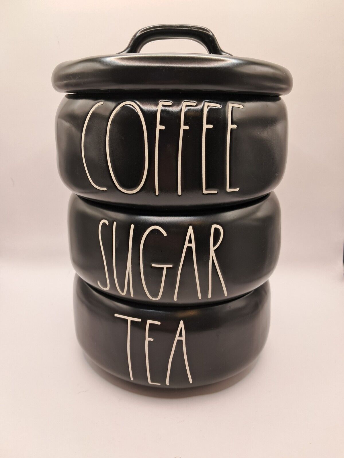 New Rae Dunn Black Ceramic COFFEE, TEA, SUGAR Stackable Farmhouse Canister...