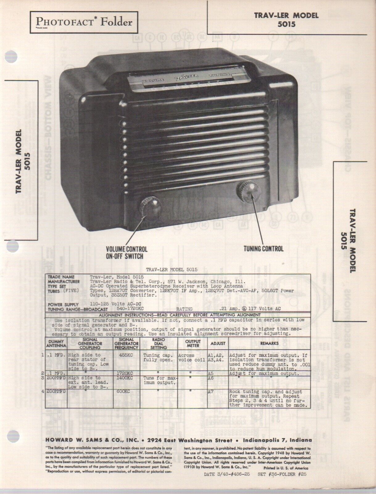 1948 TRAV-LER 5015 RADIO SERVICE MANUAL SCHEMATIC photofact TABLETOP travler