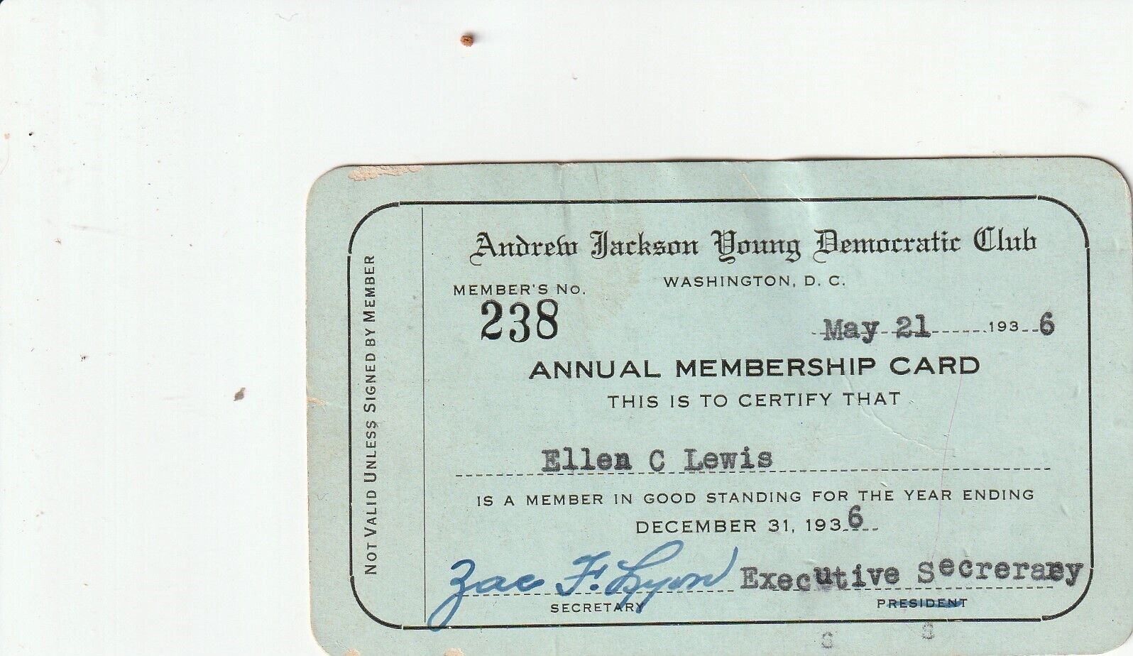 Andrew Jackson Young Democratic Club, Membership Card, 1936, Washington DC