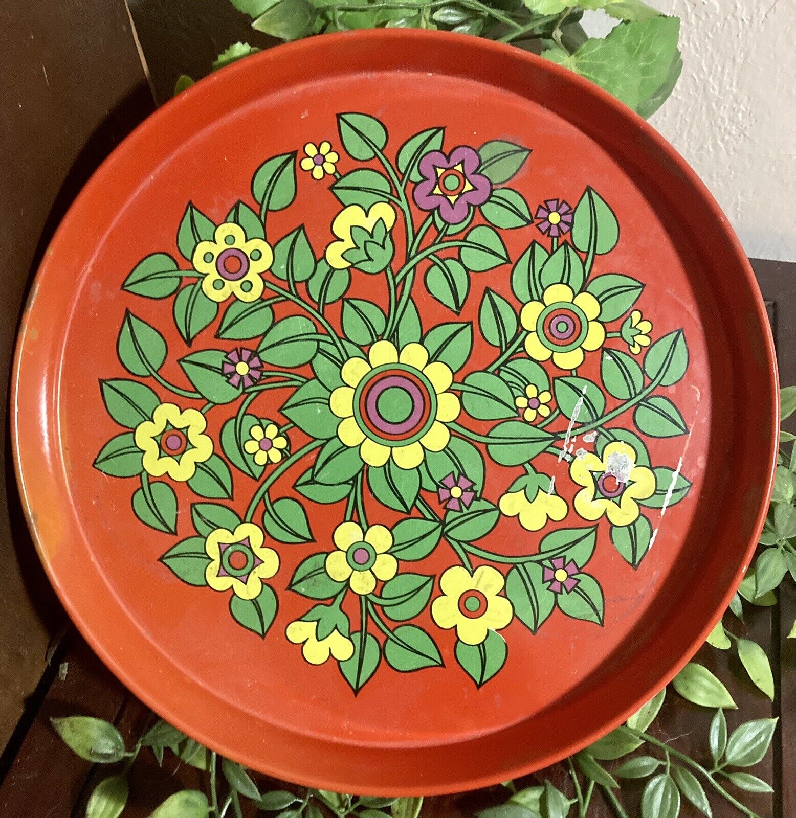 Vintage 12” Round Metal Tray Flower Power MOD Retro 60s Red Action Brazil