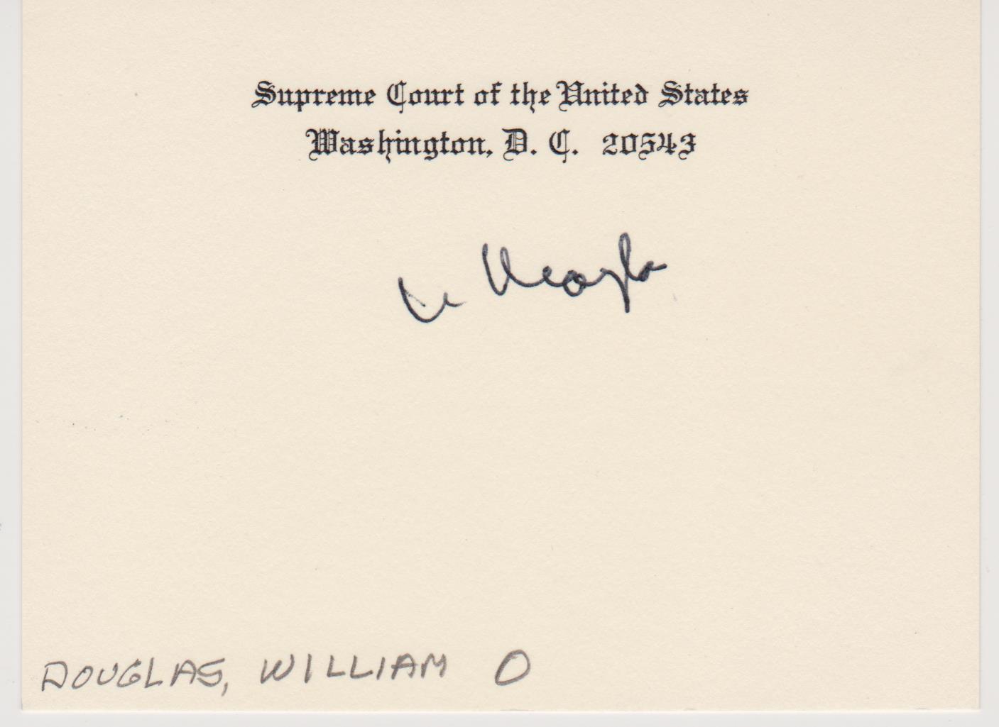 SIGNED SUPREME COURT JUSTICE WILLIAM O. DOUGLAS CHAMBERS CARD