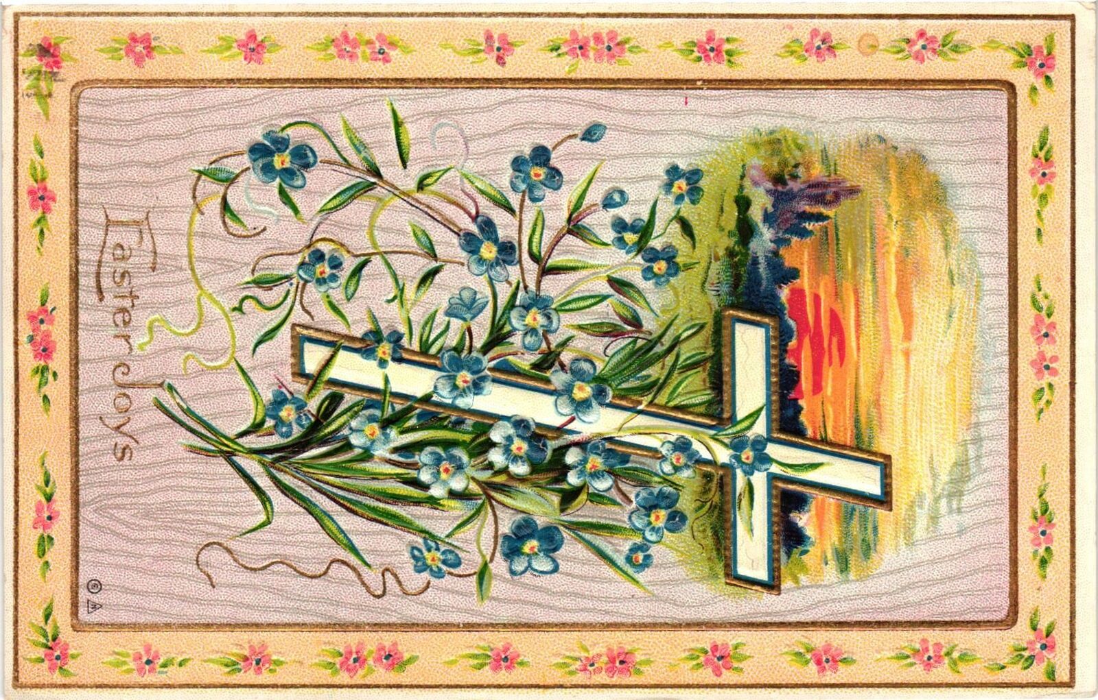 Vintage Postcard- A cross and blue flowers, Easter Joys Early 1900s