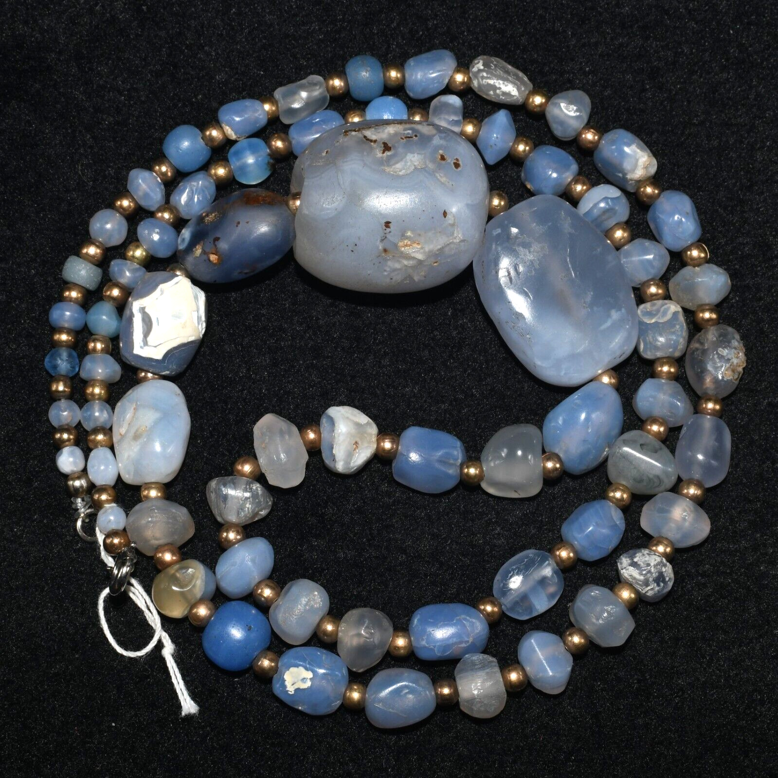 Large Genuine Ancient Bactrian Roman Blue Agate Calcedony Stone Bead Necklace