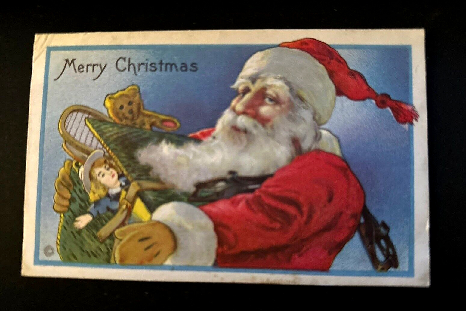 Santa Claus with Teddy Bear~Doll~Toys~Antique Christmas Postcard~h874
