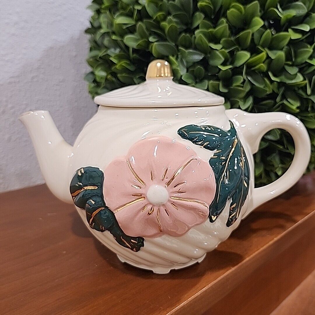 Rare Vintage Handpainted Ivory Porcelain Teapot Pink Flower w/Gold/Green Leaf 