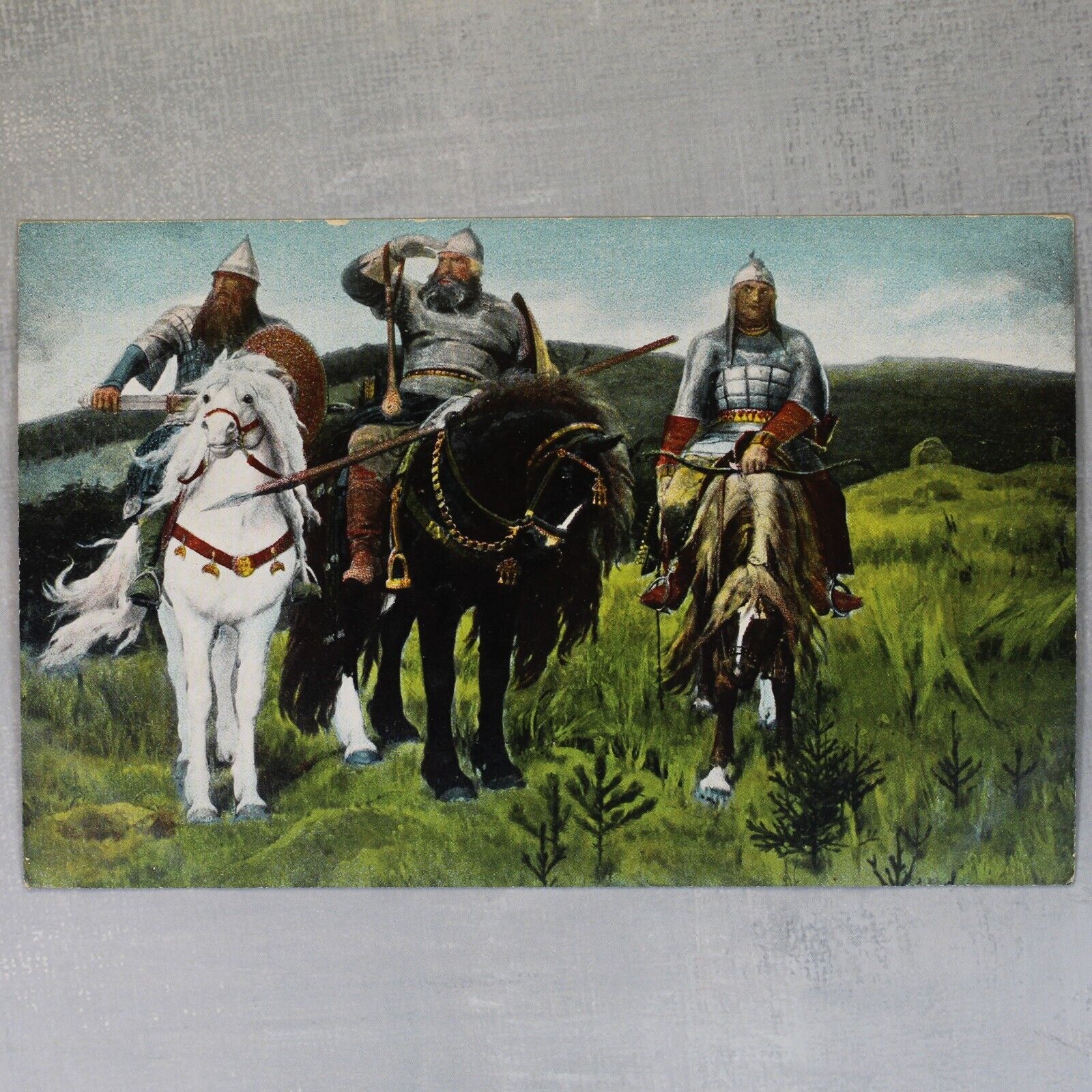 Three Bogatyrs. Russian Epic Byliny. Tsarist Russia postcard 1909s VASNETSOV🐎