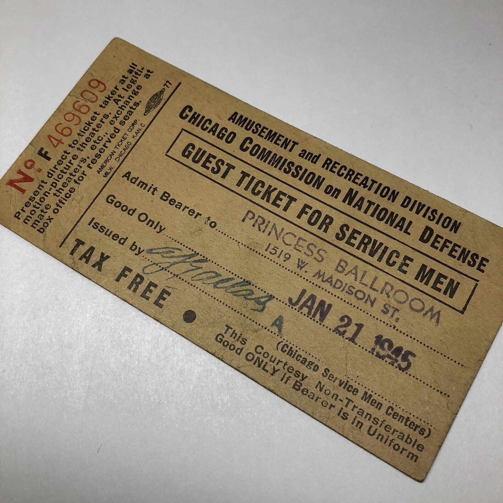 National Defense Guest Ticket Service Men Chicago Princess Ballroom 1945 WW2