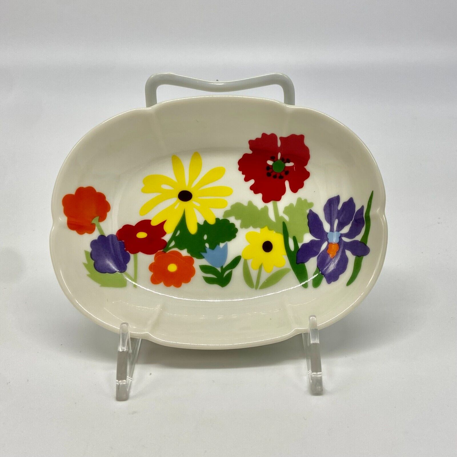 VTG Shibata Porcelain Japan Trinket Soap Dish Graphic Floral Iris Poppy Daisy