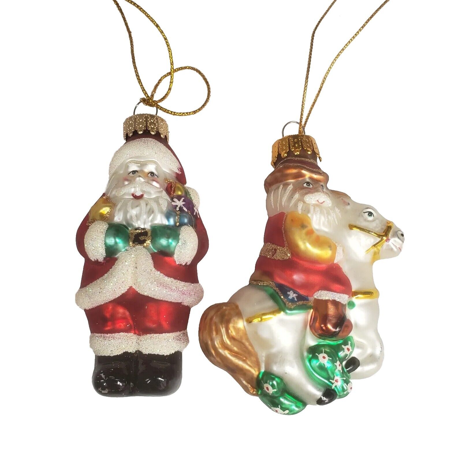 2 Vintage Blown Glass Handpainted Ornaments Santa w/ Sack & Cowboy On Horse 