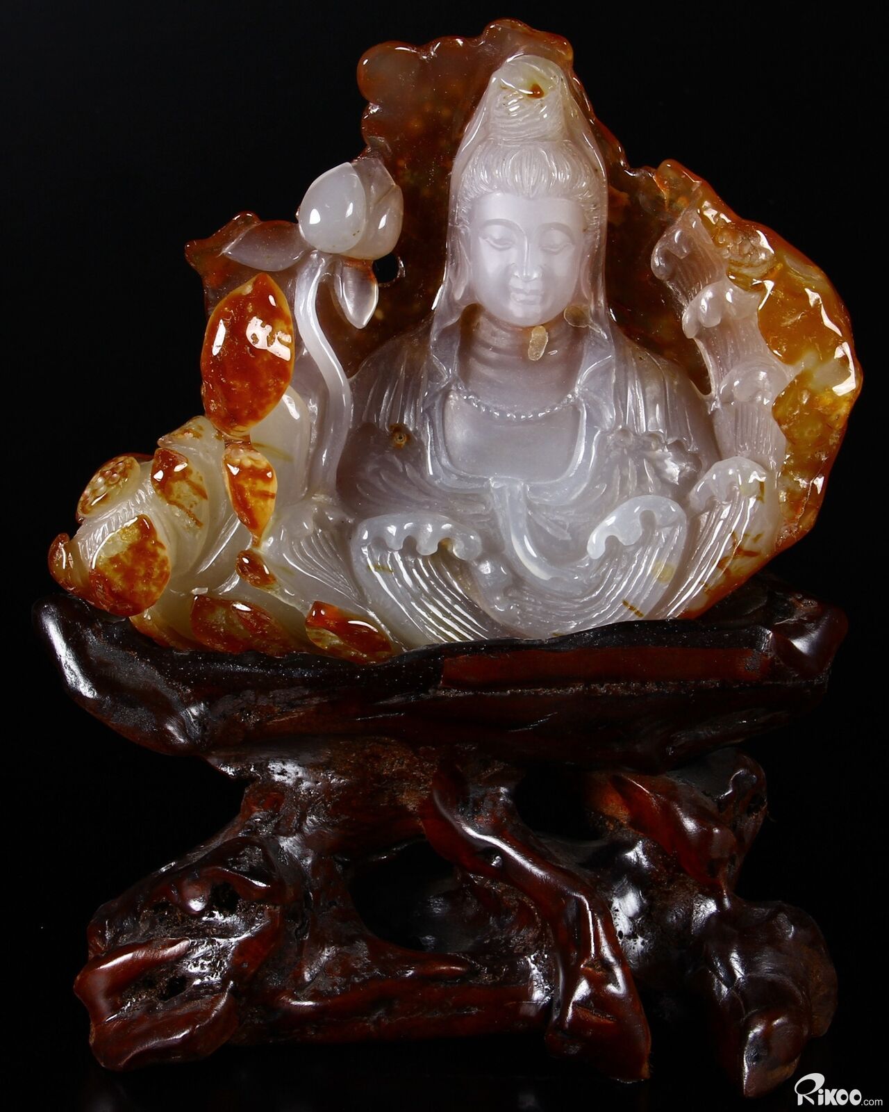 Amazing Giant Carnelian Carved Kwan-yin & Lotus Flowers with Wooden Stand