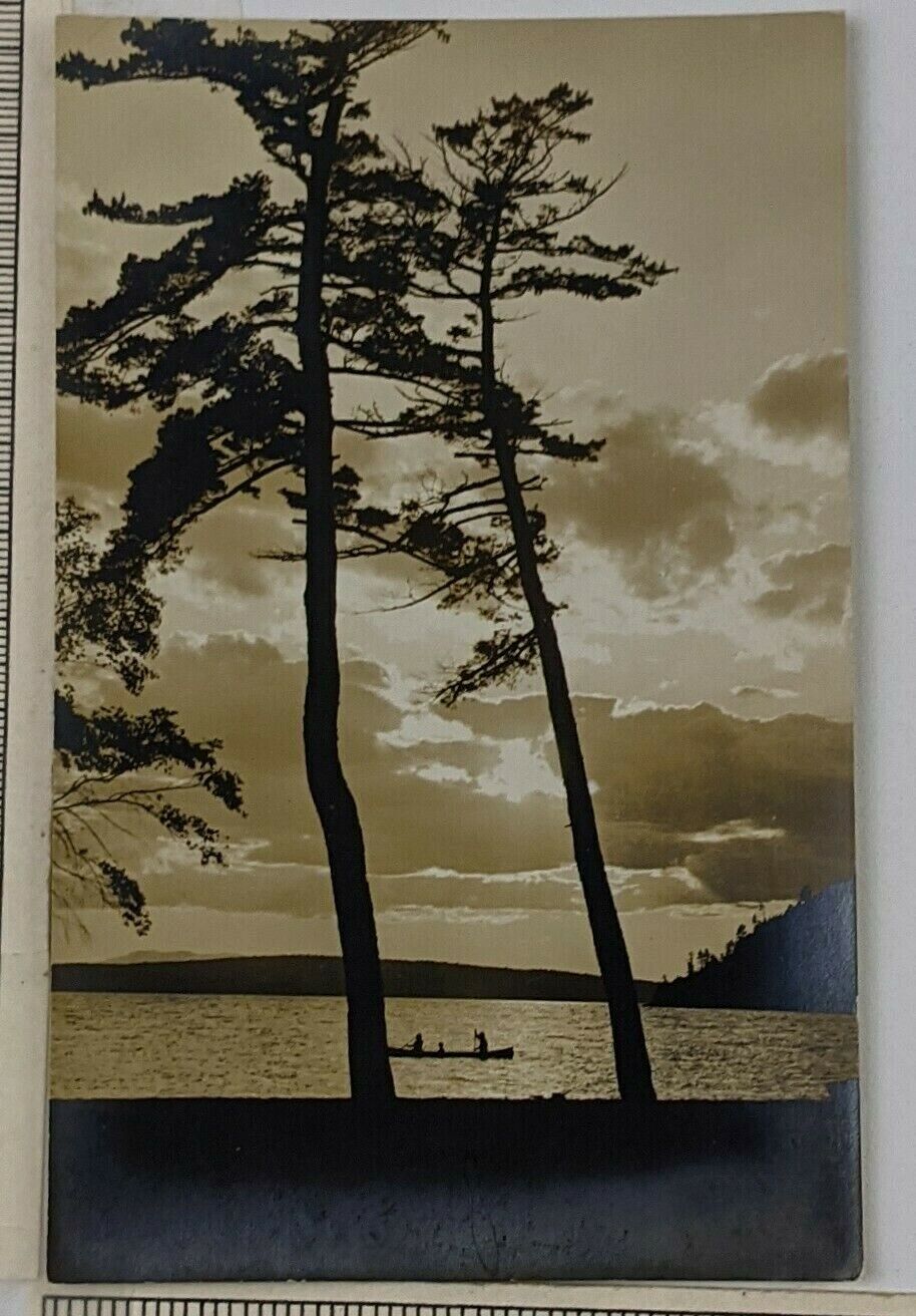 1920s Lakeshore Lake Canoe RPPC Postcard Americana Sunset Clouds Antique Vintage
