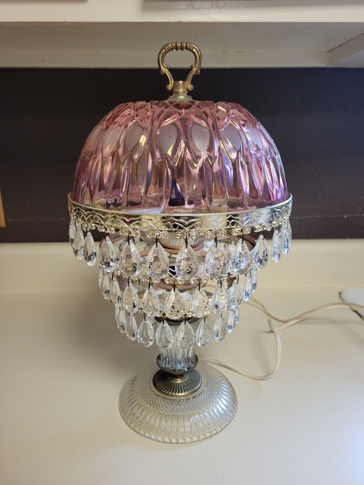 Vtg Michelotti Cranberry Pink Cut Glass 3 Tier Crystal Boudoir Parlor Table Lamp