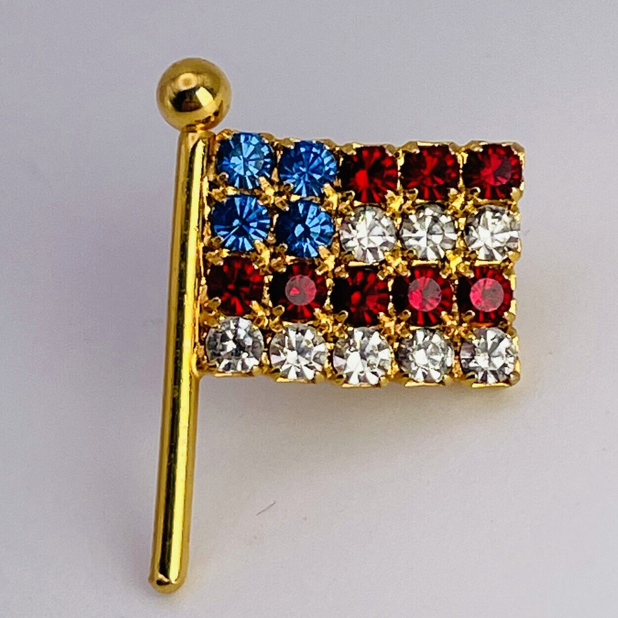Stunning Bejeweled American Flag Gold-Tone Metal Pin - Lapel, Hat, Jacket