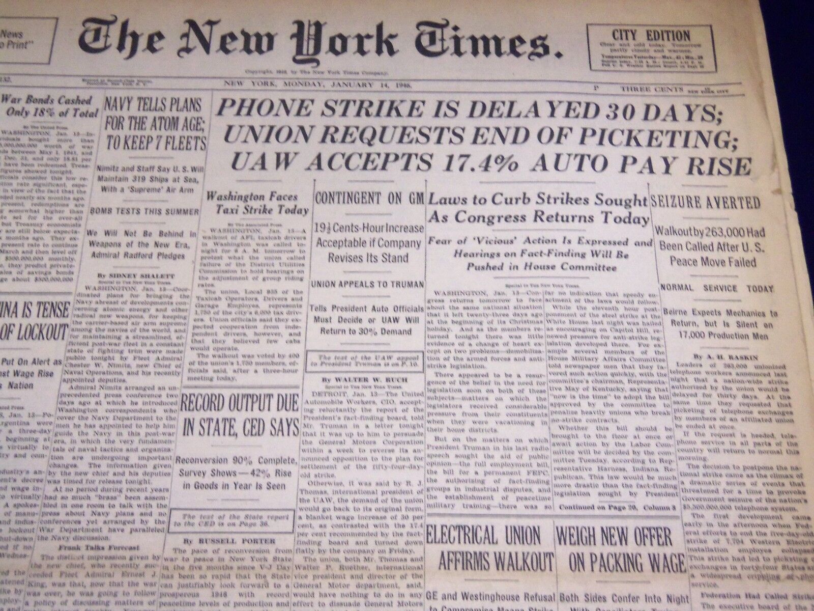 1946 JAN 14 NEW YORK TIMES - PHONE STRIKE IS DELAYED 30 DAYS - NT 2335