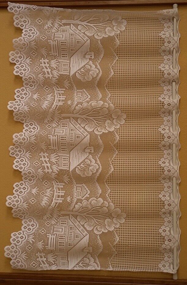 6 Pc Vintage Lacy Curtain Valances With House Scene Scalloped Edges