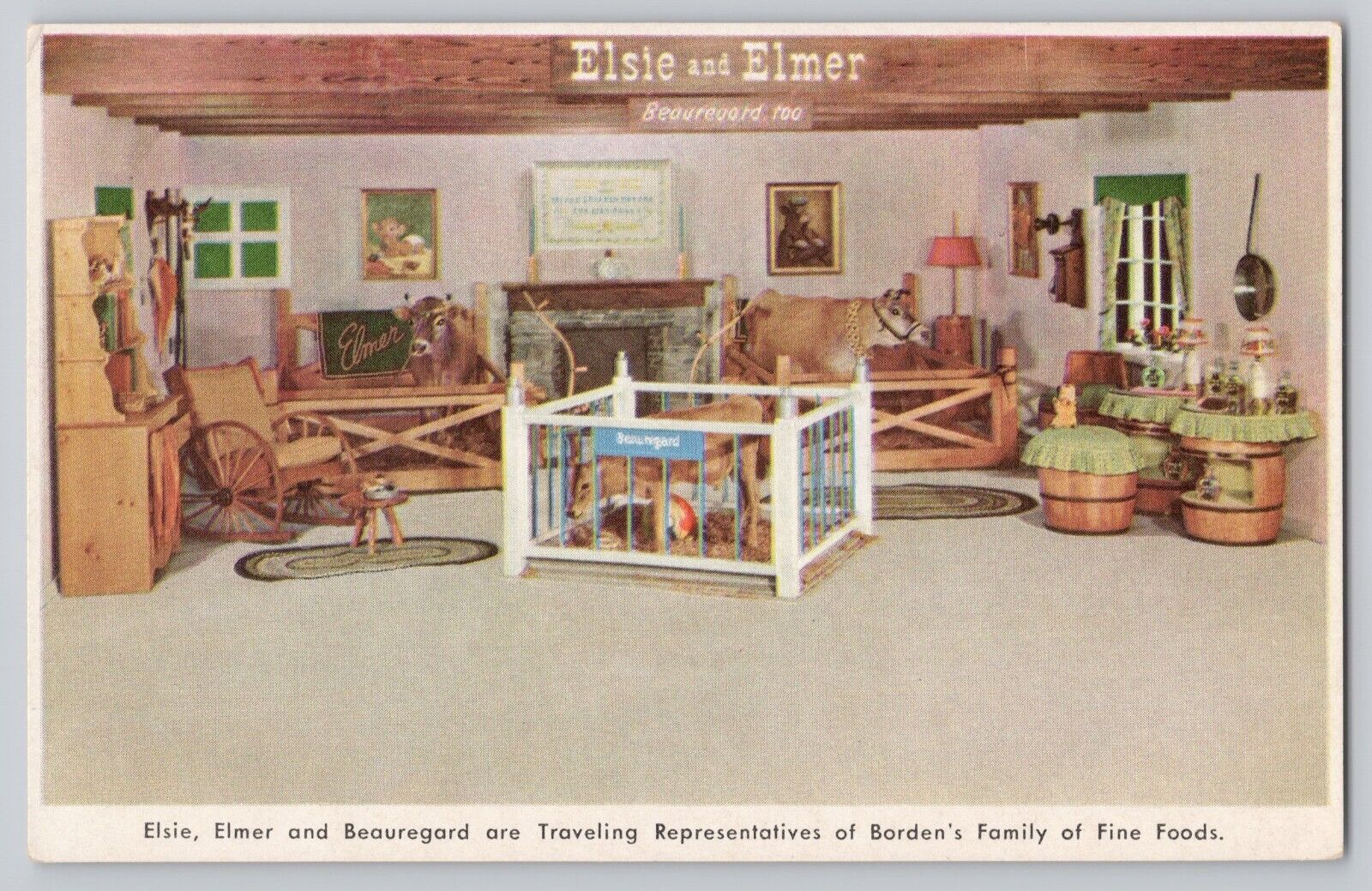Postcard Elsie & Elmer Beauregard Borden\'s Family of Fine Foods Milk Mascot