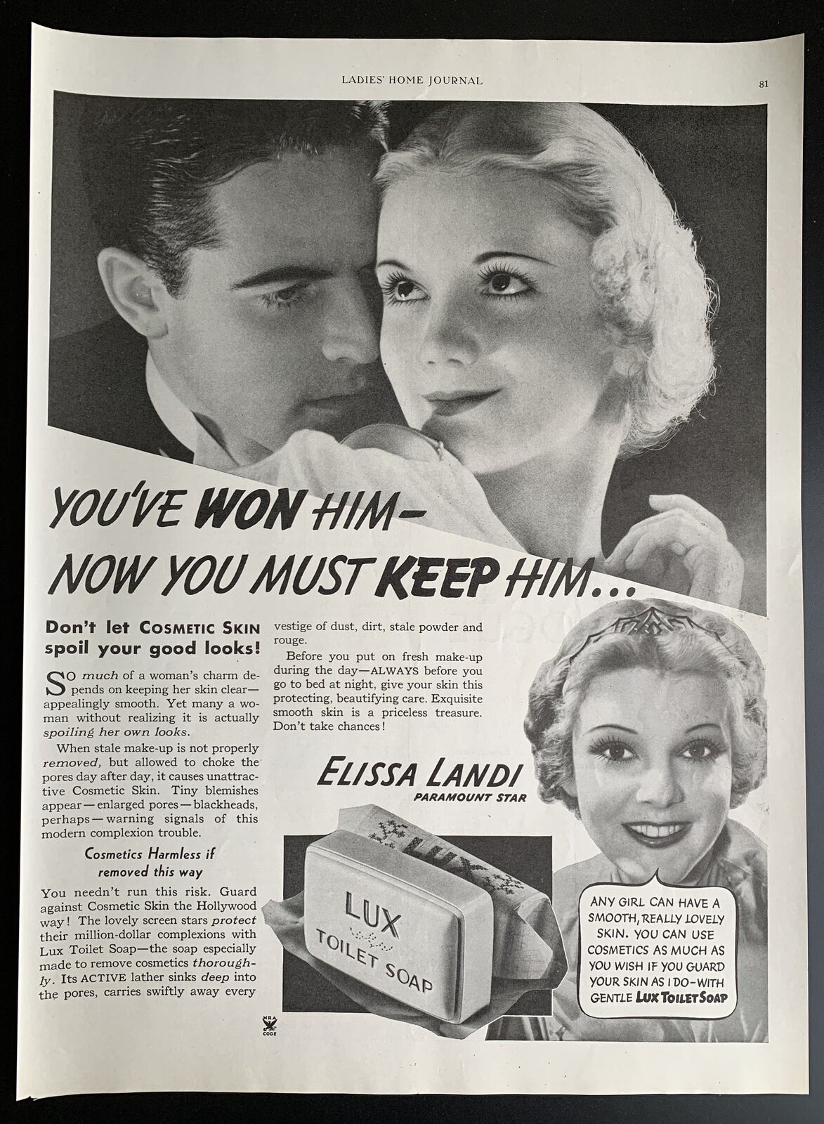 Vintage 1935 Lux Soap, Elissa Landi Print Ad