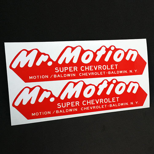 Pair of MR. MOTION, BALDWIN CHEVROLET NY Vintage Style DECALS, Vinyl STICKERS