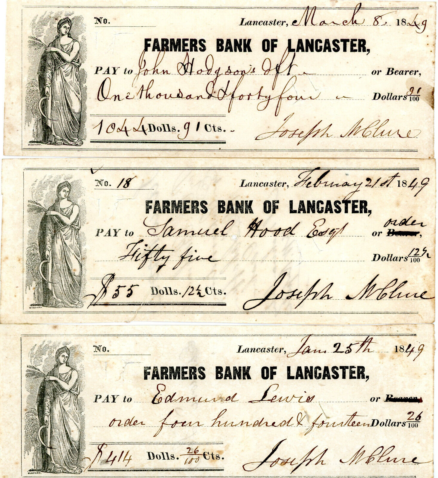 Lancaster Pennsylvania 1849 Farmers Bank Antique Check Documents 