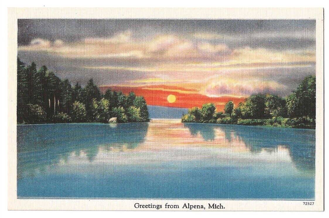 Greetings from Alpena Michigan c1940's sunset on lake