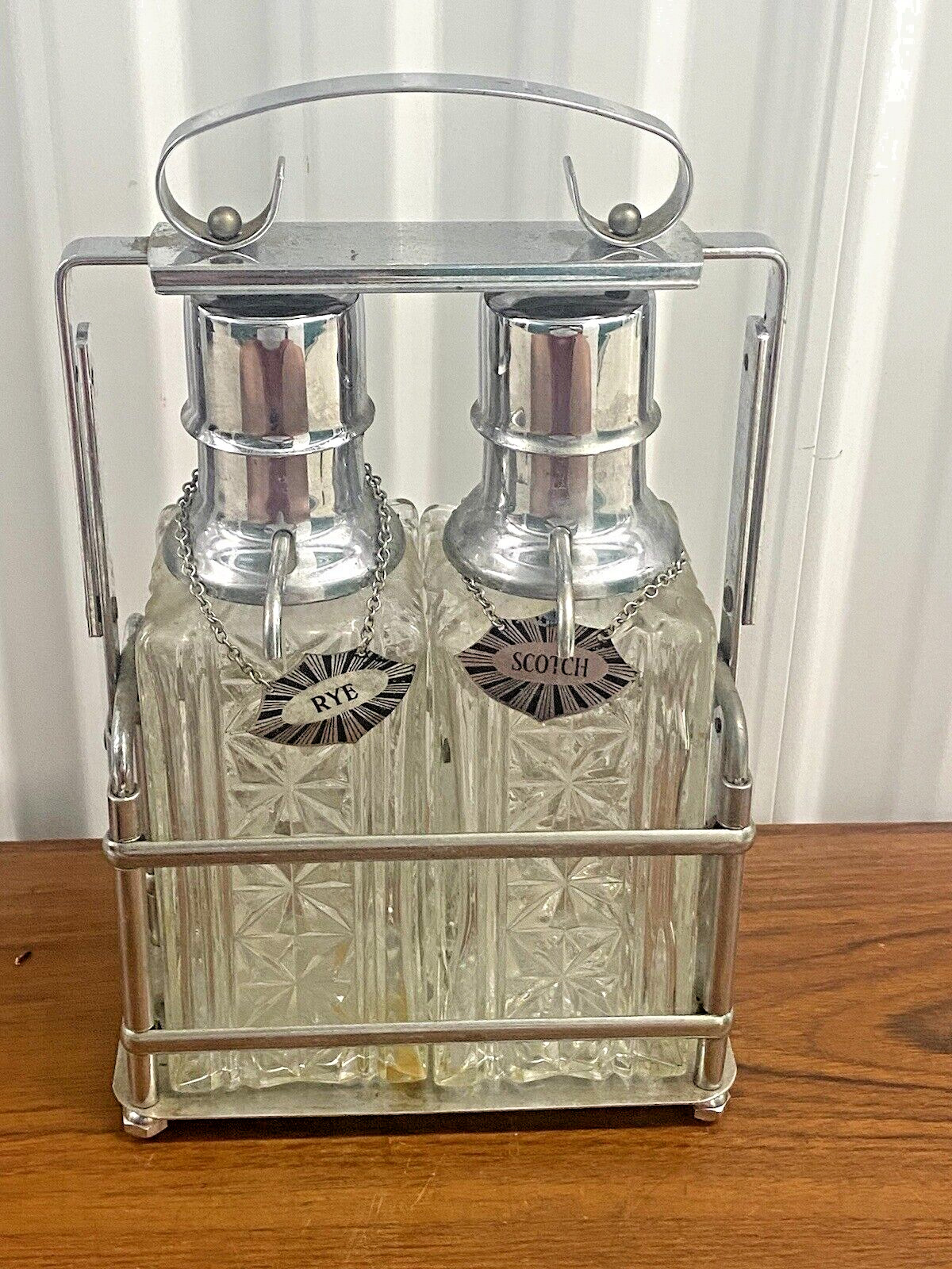 Vintage Mid Century Whiskey Rye Glass Decanters W/ Chrome Metal Case