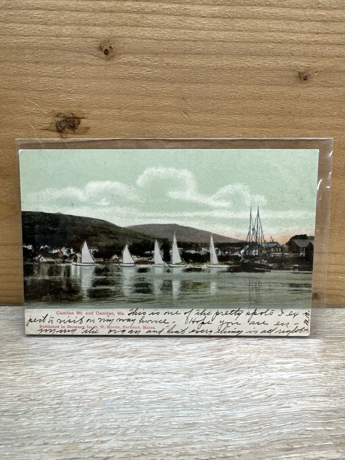 Sailboat Camden Mountain and Camden Maine Postcard 1907 Seafront