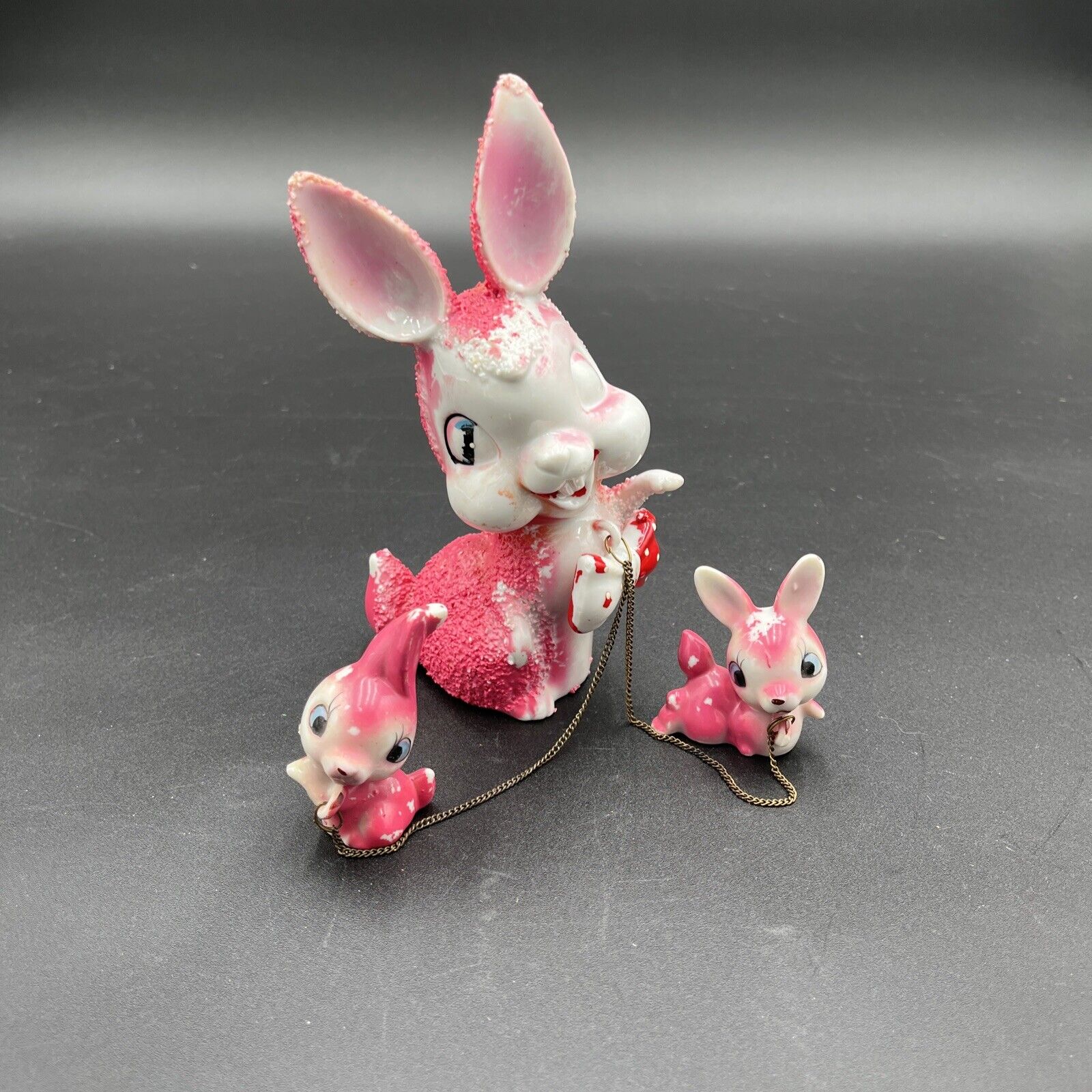 Vintage Arnart Sugared PINK Mama Rabbit & Babies Chained Ceramic Figurine Japan
