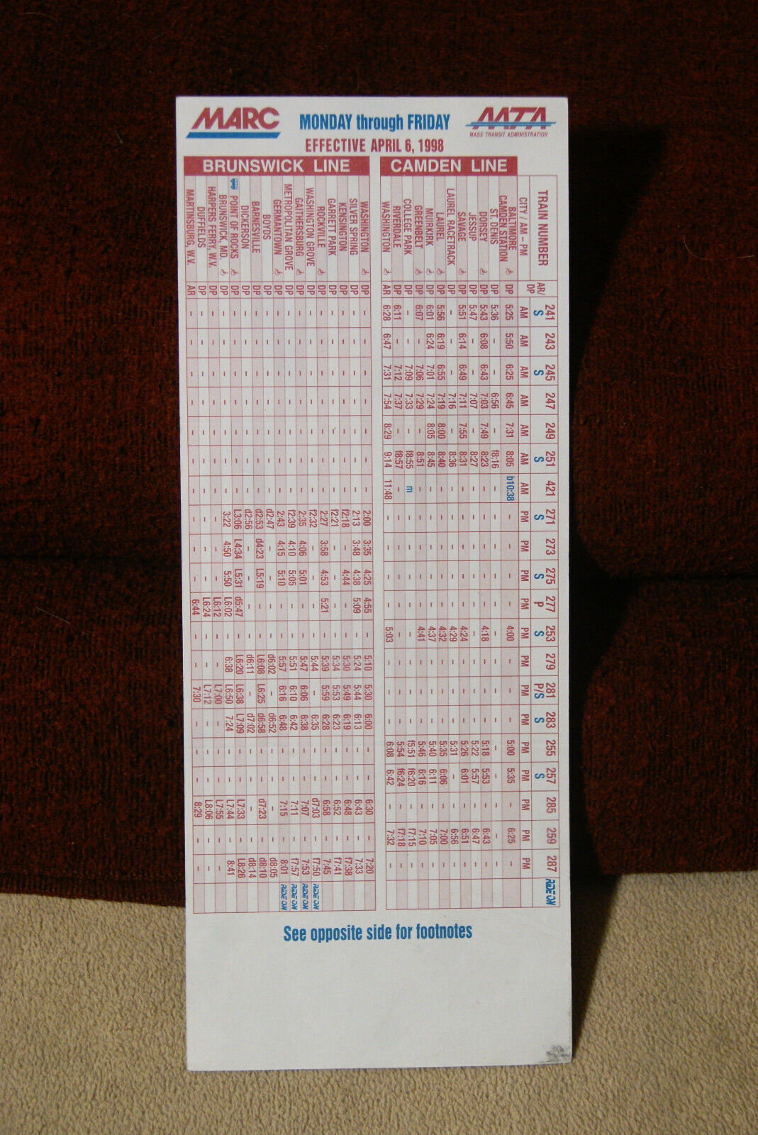 MARC Timetable Card - Brunswick Line - Camden Line - April 6, 1998