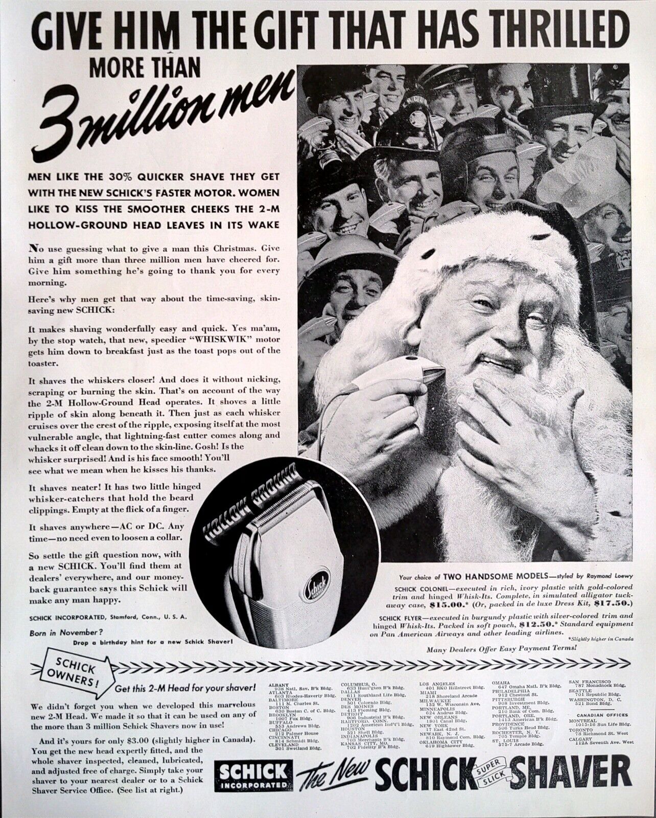 1941 Schick Shaver Hollow Ground Santa Clause Shaving Crowd Men Vintage Print Ad