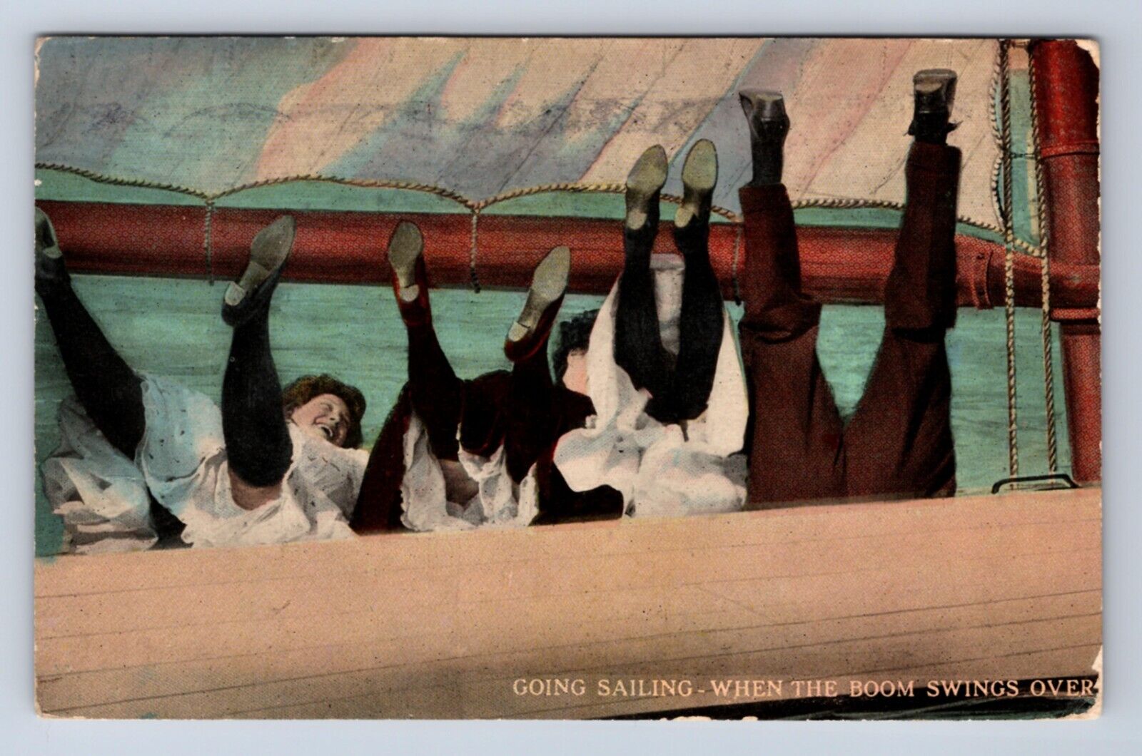 VINTAGE GOING SAILING WHEN THE BOOM SWINGS OVER~c1913 POSTCARD BM