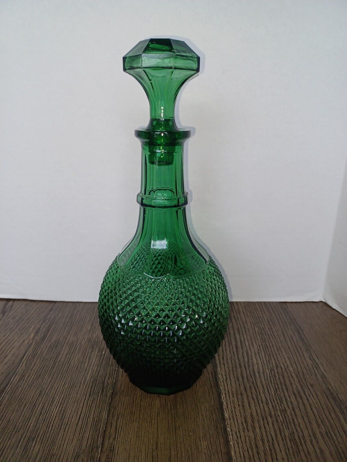 Vintage Emerald Green Glass Diamond Pattern Bottle/Decanter with Stopper