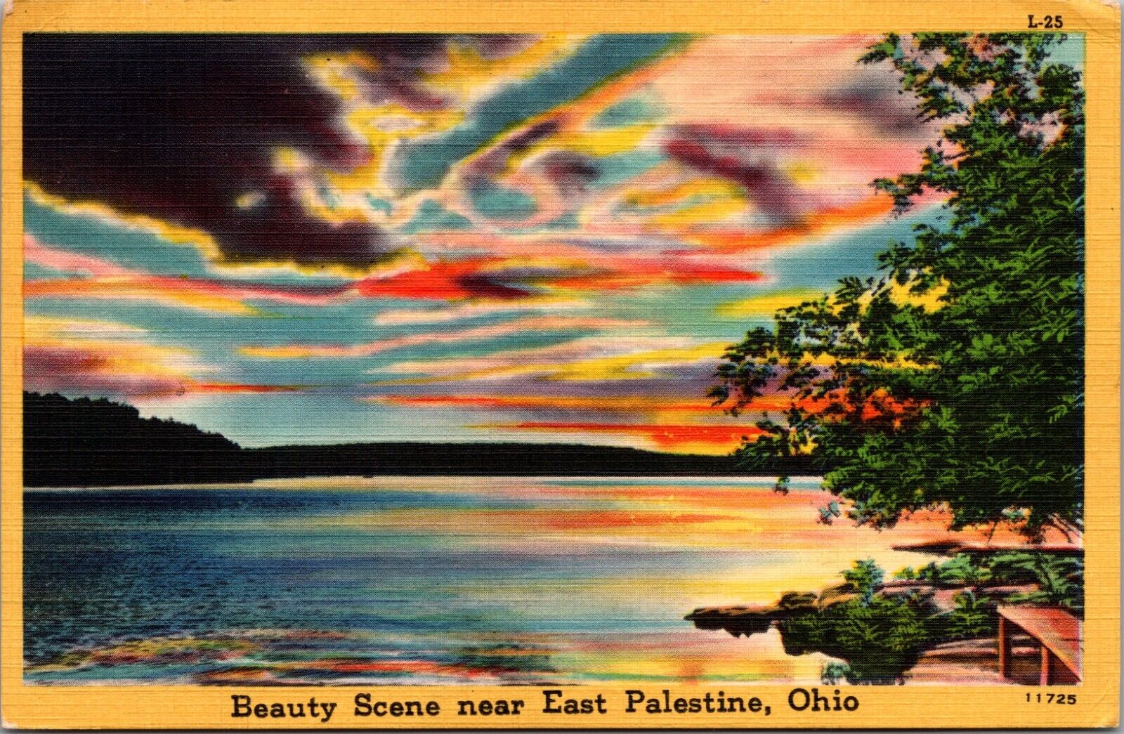 East Palestine OH Sunset Colored Clouds Reflected in Lake Linen Postcard 1951 