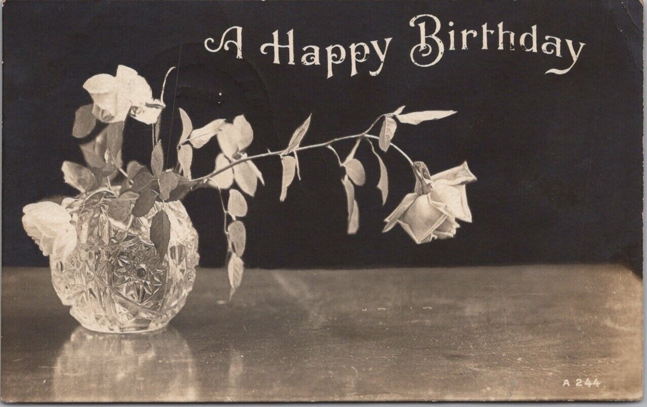 Vintage 1906 HAPPY BIRTHDAY Greetings Postcard Rose in Vase ROTOGRAPH RPPC Photo
