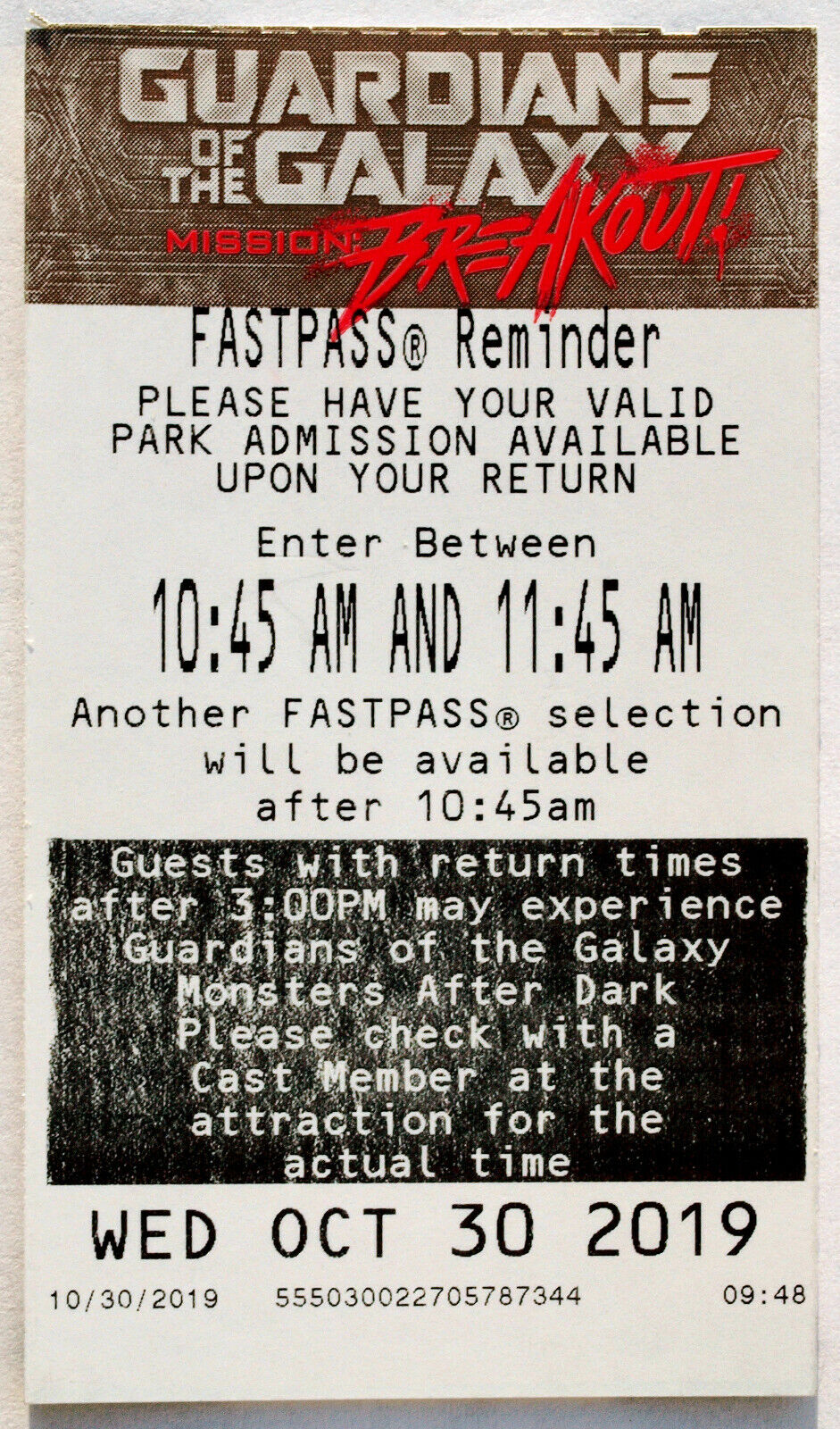 Calif. Adventure Fastpass: Guardians of the Galaxy Monsters After Dark 2019 LC1