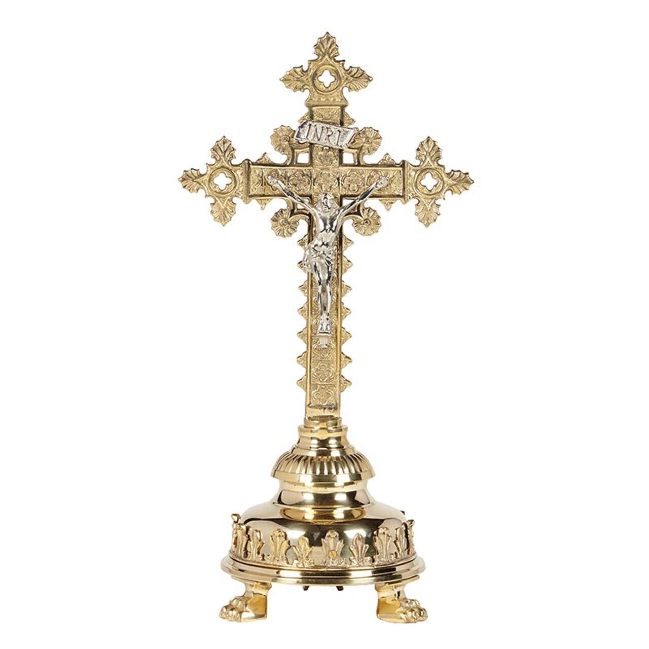 Two Tone Nickel Plated Brass Notre Dame Altar Crucifix For Churches 17 1/2 In