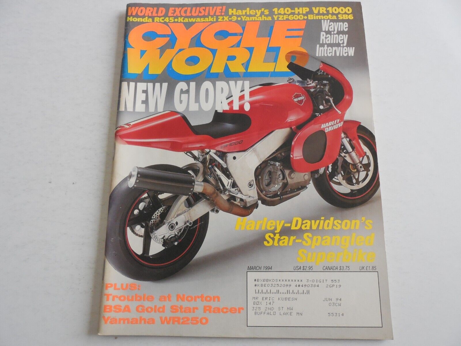 Cycle World March 1994 Harley VR1000 Superbike, Von Dutch feature, Honda RC45