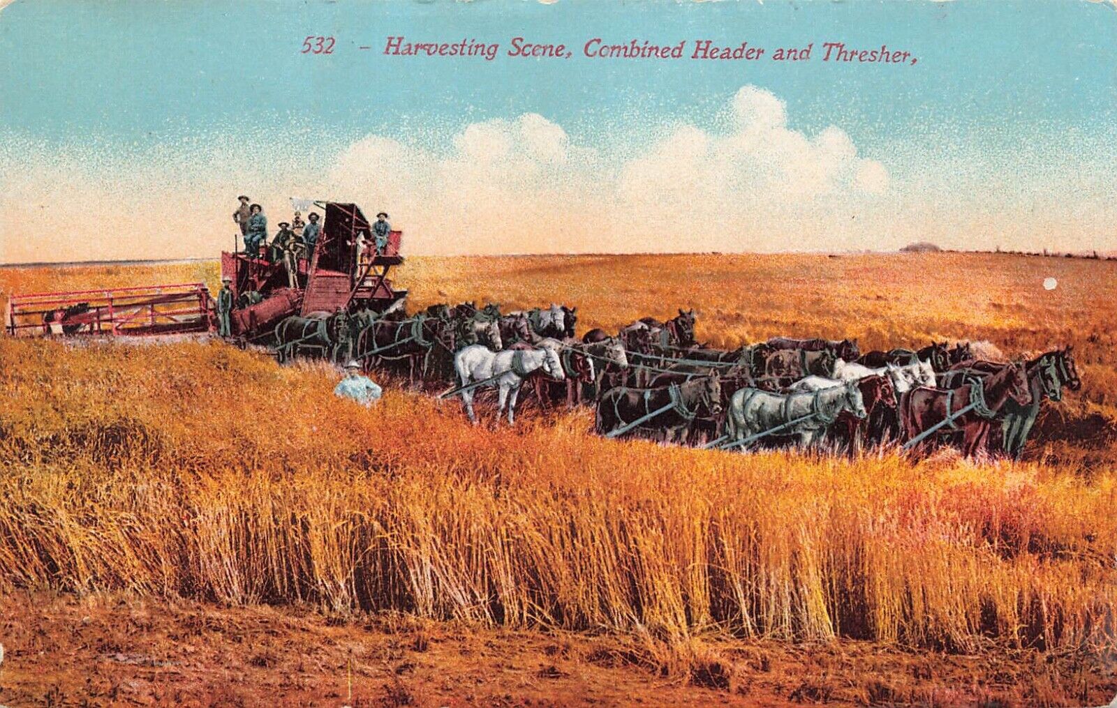 Postcard Harvesting Scene Combined Header & Thresher Horse Drawn Farming
